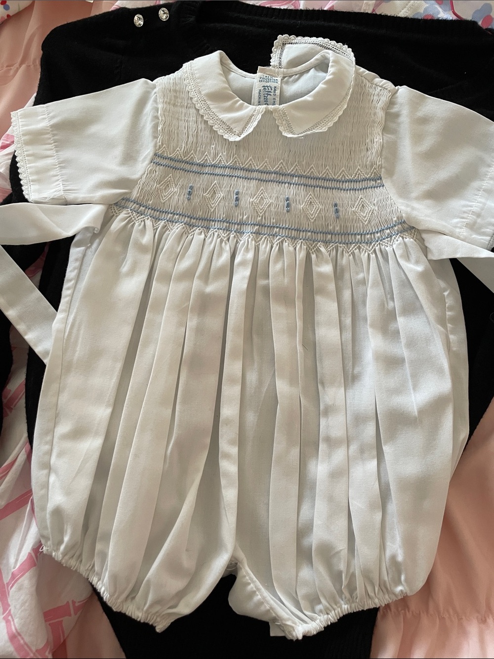 Feltman White Smocked Baby Romper with Blue Embroidery 0-3